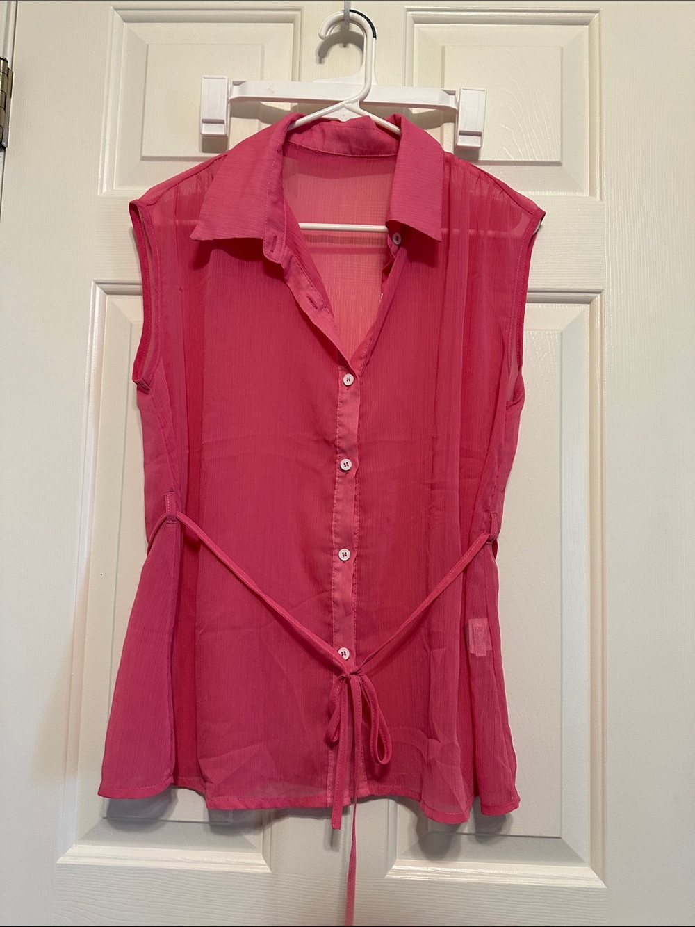 SHEIN Hot Pink Sheer Sleeveless Button-Front Tie-Waist Blouse